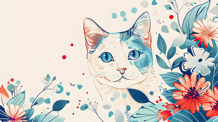 Artistic illustration of a white cat surrounded by colorful floral patterns and playful splashes of red and blue.