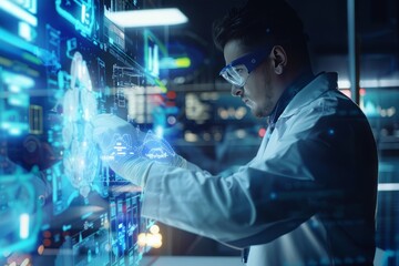 Fototapeta premium Futuristic Concept: Forensic scientist with crime scene reconstruction software, in forensic lab, evidence and analysis data visualized. Forensics tech, digital crime analysis. , background blur