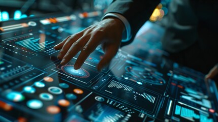A businessman analyzing complex data on a futuristic digital interface, exploring global economic trends and advanced analytics - Generative AI