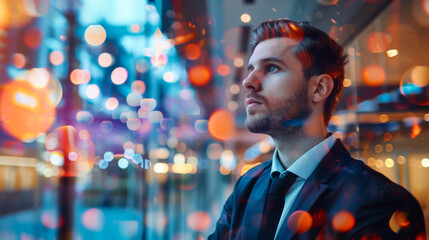 Fototapeta premium Portrait of a young businessman standing near transparent windows with glare. A stately man stands thoughtfully near the window. Business concept.