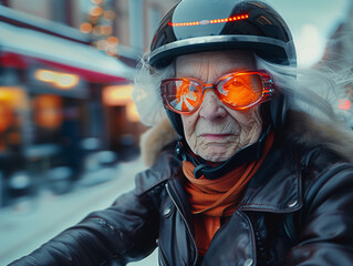 An elderly woman in a leather jacket, helmet, and orange sunglasses rides a motorcycle. The blurred...