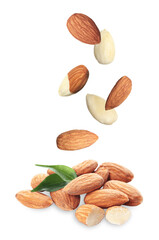 Many fresh almonds falling on white background