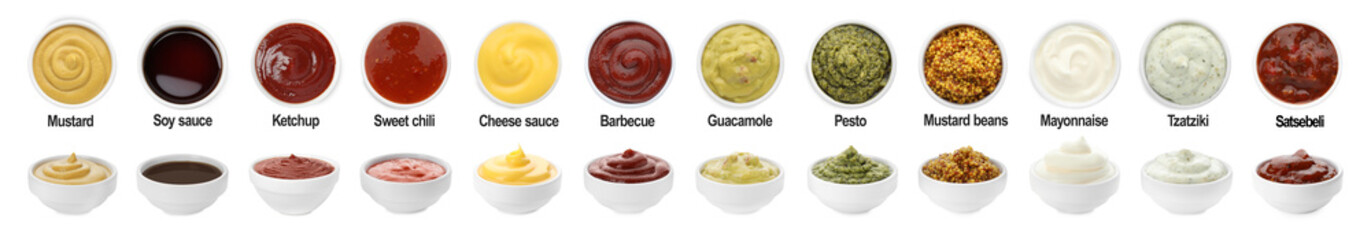 Set of different sauces in bowls and names isolated on white, top and side views