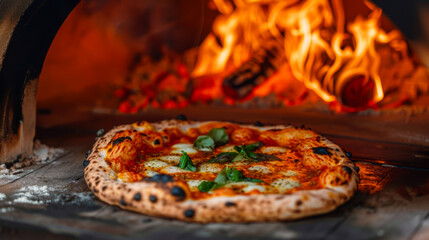 Close-up of a Neapolitan pizza being removed from a traditional oven. Hot and crispy oven baked pizza with a perfect crust. Nutrition concept.