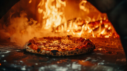 Close-up of a Neapolitan pizza being removed from a traditional oven. Hot and crispy oven baked pizza with a perfect crust. Nutrition concept.