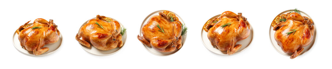 Delicious roasted chicken isolated on white, different angles. Set