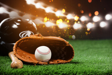 Baseball bat, glove, helmet and ball on grass at stadium