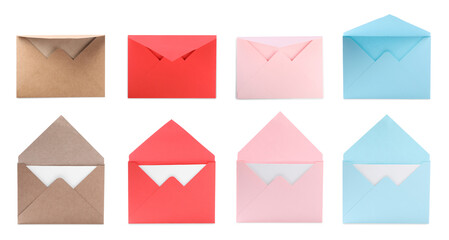 Set of letter envelopes with cards isolated on white, top view