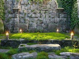 stone podium with green moss on grass background, stone wall and candles around, arch in the back ,3d rendering