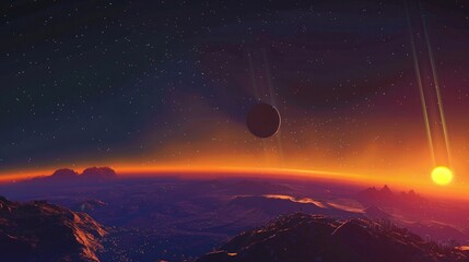 Sunrise over group of planets in space