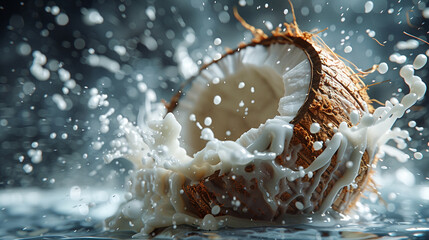 Coconut floating in the air and milk splashing in the air 