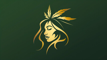 Stencil art logo of a Hawaiian woman with a marijuana leaf in her hair in gold against a green background. Logo for Hawaii based cannabis products company.