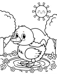 Cute duck in the water coloring page for kids, spring coloring pages for kids