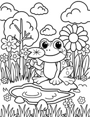 Cute frog coloring page for kids, spring coloring pages for kids