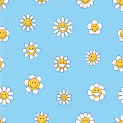 Cute simple seamless pattern with groovy daisy flowers. Spring and summer background. Vector illustration