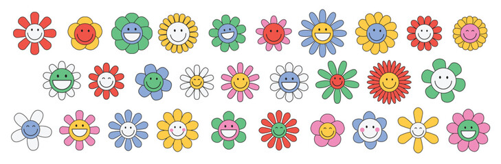 Set of funny happy daisy faces with eyes and smile. Groovy flower cute cartoon colorful characters. Sticker pack in trendy retro trippy style. Hippie 60s, 70s style. Isolated vector illustration. 