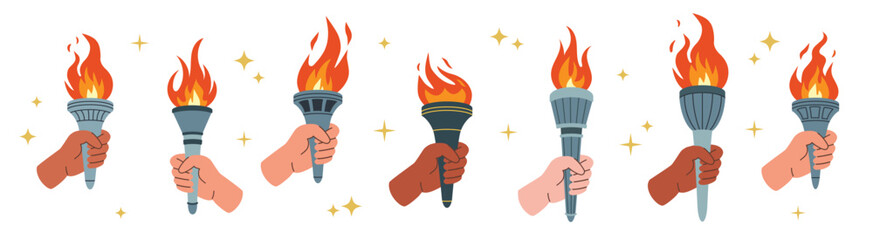 Set of burning torches flames in hands. Hands holding fire torches. Symbols of competition victory, relay race, champion, winner. Vector isolated illustration