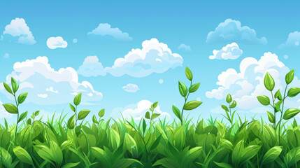 Obraz premium Vibrant illustration of a green field with plants growing under a bright blue sky with fluffy white clouds.