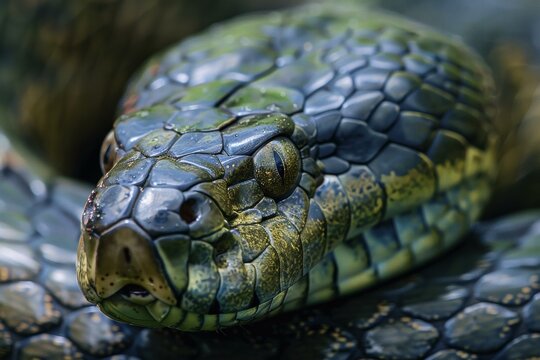Macro photography capturing the intricate scales and eye of a green python in sharp detail