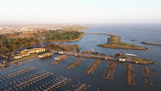 Aerial sunset view San Francisco San Leandro marina