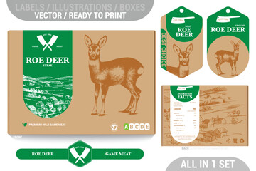 Roe Deer game meat packaging design set featuring detailed hand drawn illustrations, accents and informative labels. Perfect for farms, butchers, and supermarkets seeking a high quality meat 