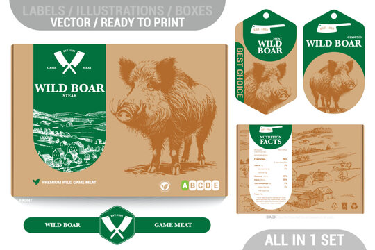 Wild Boar game meat packaging design set featuring detailed hand drawn illustrations, accents and informative labels. Perfect for farms, butchers, and supermarkets seeking a high quality meat 