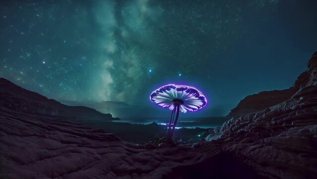 Mesmerizing Night View of Glowing Blue Mushroom by the Ocean Under Starry Sky