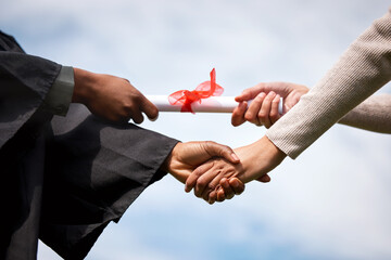 Student, people and handshake with certificate for graduation on campus for celebration and success. Handover, university and achievement with completion for degree or diploma for college education