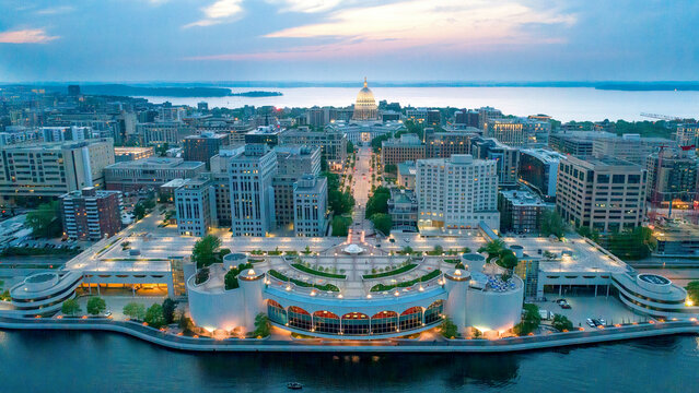 Aerial view of Madison, Wisconsin capitol and isthmus at dusk
