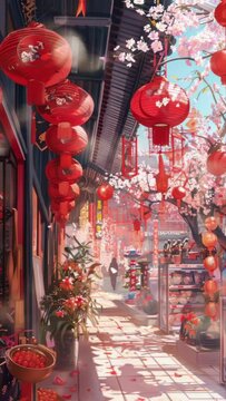 store with decorative ornaments and joss paper for celebrating Chinese Lunar New Year, no people, anime style