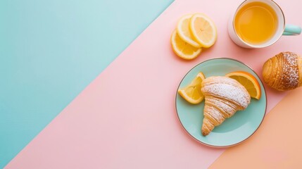 A plate of croissants and an apple sits on a table with a cup of coffee