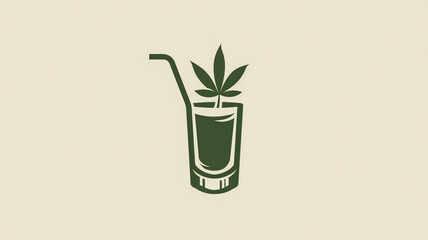 Logo of a cup and straw with a marijuana leaf on it. Logo for cannabis beverage products company.