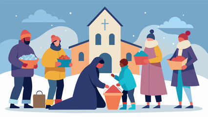 With chilly temperatures looming outside the church becomes a hub of warmth and compassion as volunteers gather to distribute donated winter coats to. Vector illustration