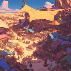a painting of a city with a lot of tents