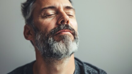 Obraz premium Closeup of handsome businessman with eyes closed against studio background