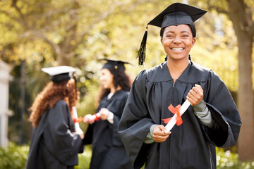 Diploma, graduation and portrait of happy black woman at university with pride and success. Gen z,...