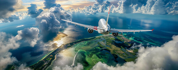 un avion en train de voler bas au dessus de la mer, vue de derrière, vacances	
