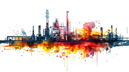 Landscape of a factory made with colorful paint splash isolated on a transparent background, PNG, Ai