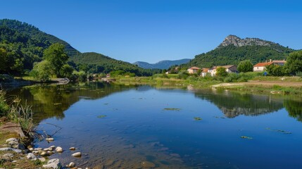 Naklejka premium The country river mirrors the mountain while the villages and forests lie beneath the clear blue sky