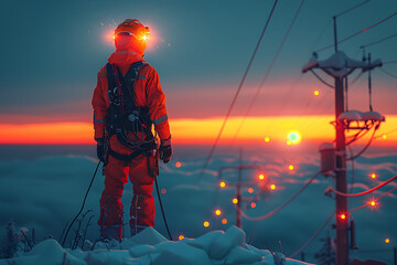 Focused Electrician Amidst Power Lines and Tools