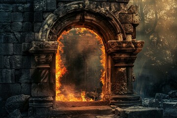 Ancient stone archway with intricate carvings, engulfed in mystical flames, set in a dense forest at twilight