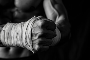 Bodybuilder fitness lifestyle concept Croped black and white shot on black background Man is wrapping hands with boxing wraps isolated Strong hands and fist - generative ai