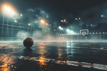 Basketball on a shiny court with hoop in background