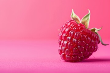 A single raspberry with a green stem on a pink background is shown - Powered by Adobe