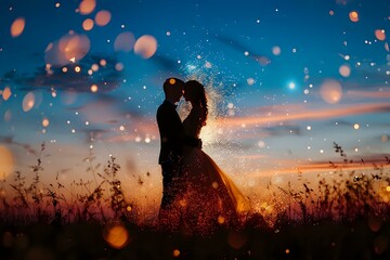 Romantic silhouette of a couple kissing at sunset with bokeh lights overlay, perfect for wedding invitations, anniversary cards, and romantic designs. Includes ample copy space.