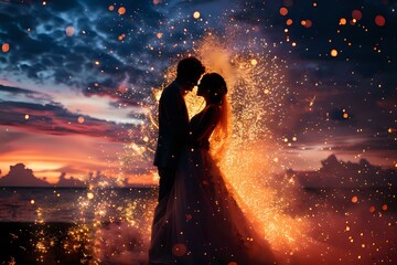 
Silhouette of a couple embracing against a dramatic sunset with glowing sparkles, creating a romantic and magical atmosphere. Perfect for wedding, romance, and celebration content.
