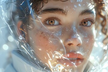 Close-up of a young woman with a futuristic, translucent material around her face, symbolizing technology and futuristic innovation. Perfect for technology content, digital art, and sci-fi themes.