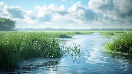 Fresh view of a tidal marsh with tall grasses - Powered by Adobe
