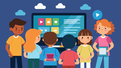 A group of kids turned amateur movie critics watching and analyzing the multimedia elements such as videos animations and sound effects used in the. Vector illustration