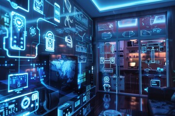 Obraz premium A digital rendering of a smart home interior, with glowing random holographic icons representing various connected devices and appliances
